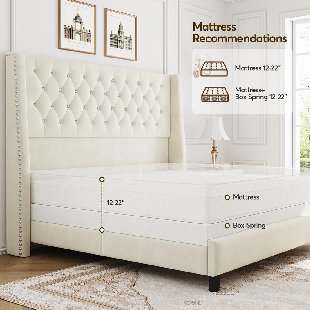 Queen Upholstered Bed Frame with Wingback T7327