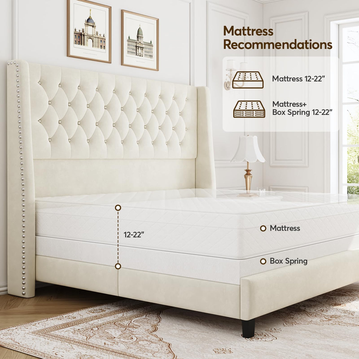 Queen Upholstered Bed Frame with Wingback T7327