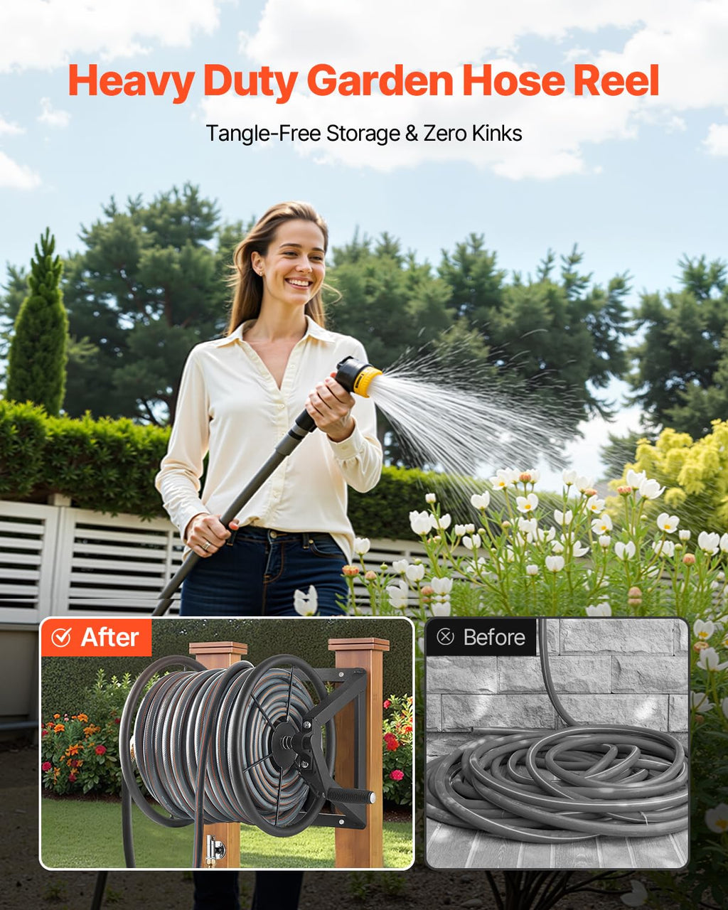 Wall Mounted Garden Hose Reel, Holds 200 ft 5/8-inch, Heavy-Duty Steel P14246