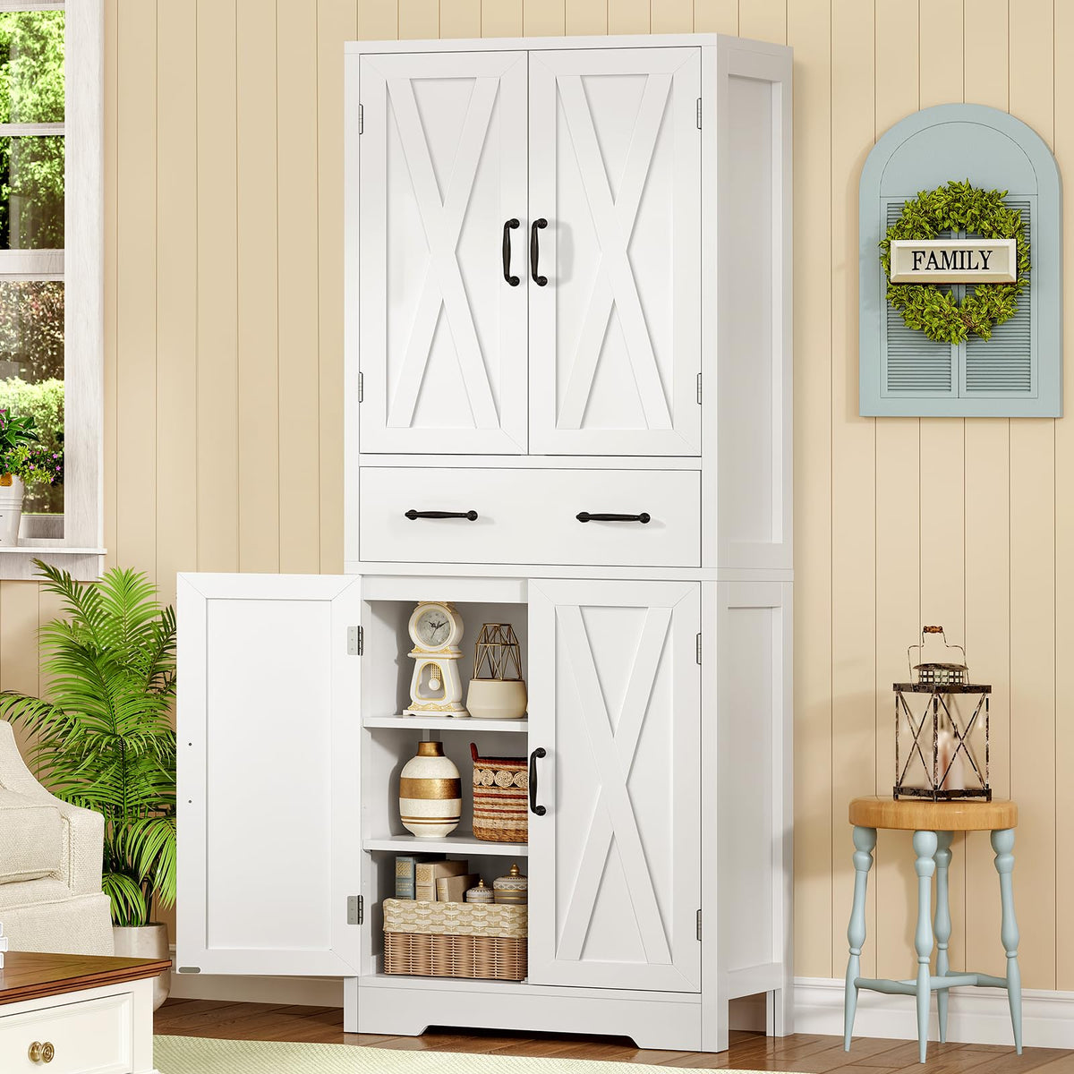 White Storage Cabinet with 2 Adjustable Shelves and Drawer U18239