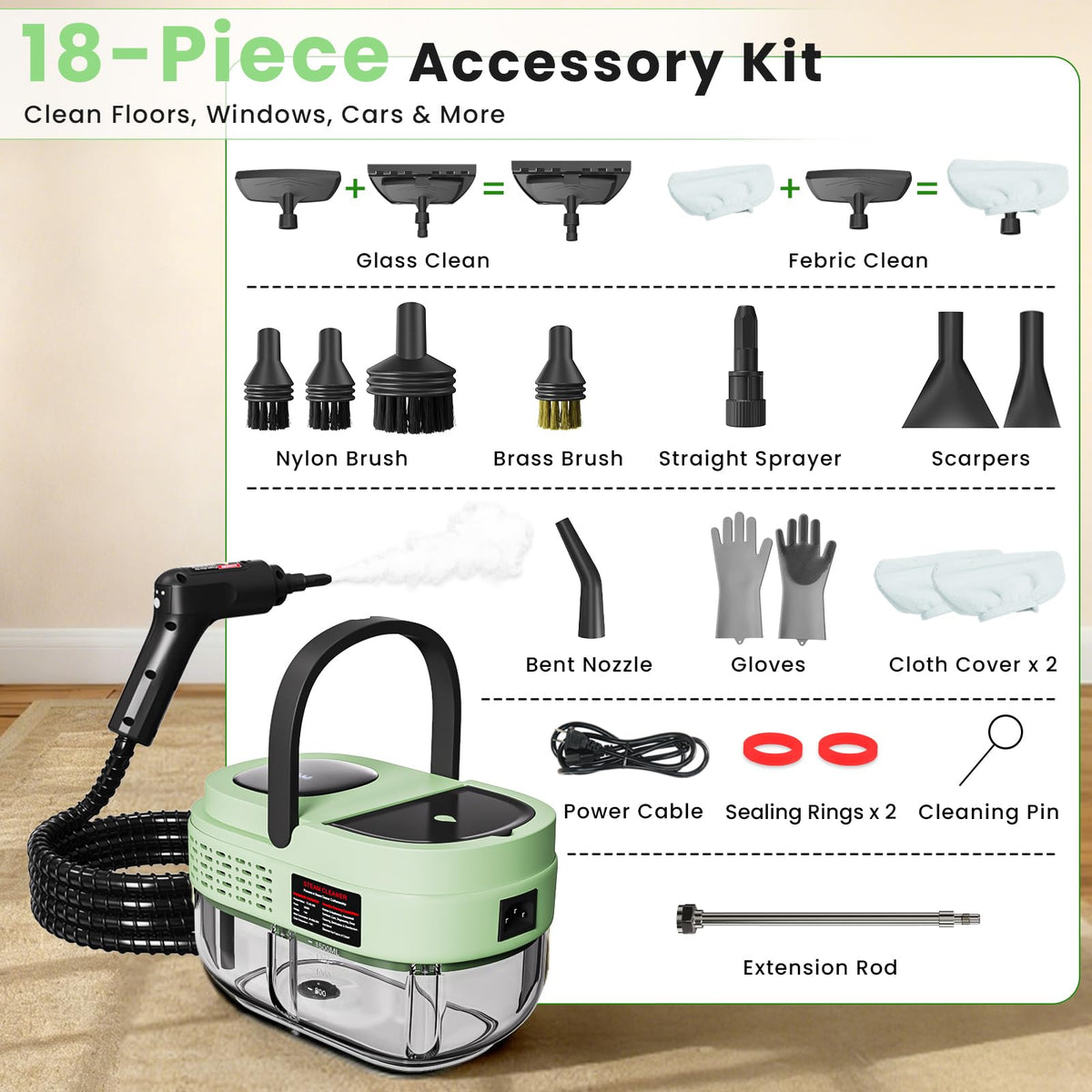 2500W Handheld Steam Cleaner, 3 Steam Levels, 1600Ml Tank Q798