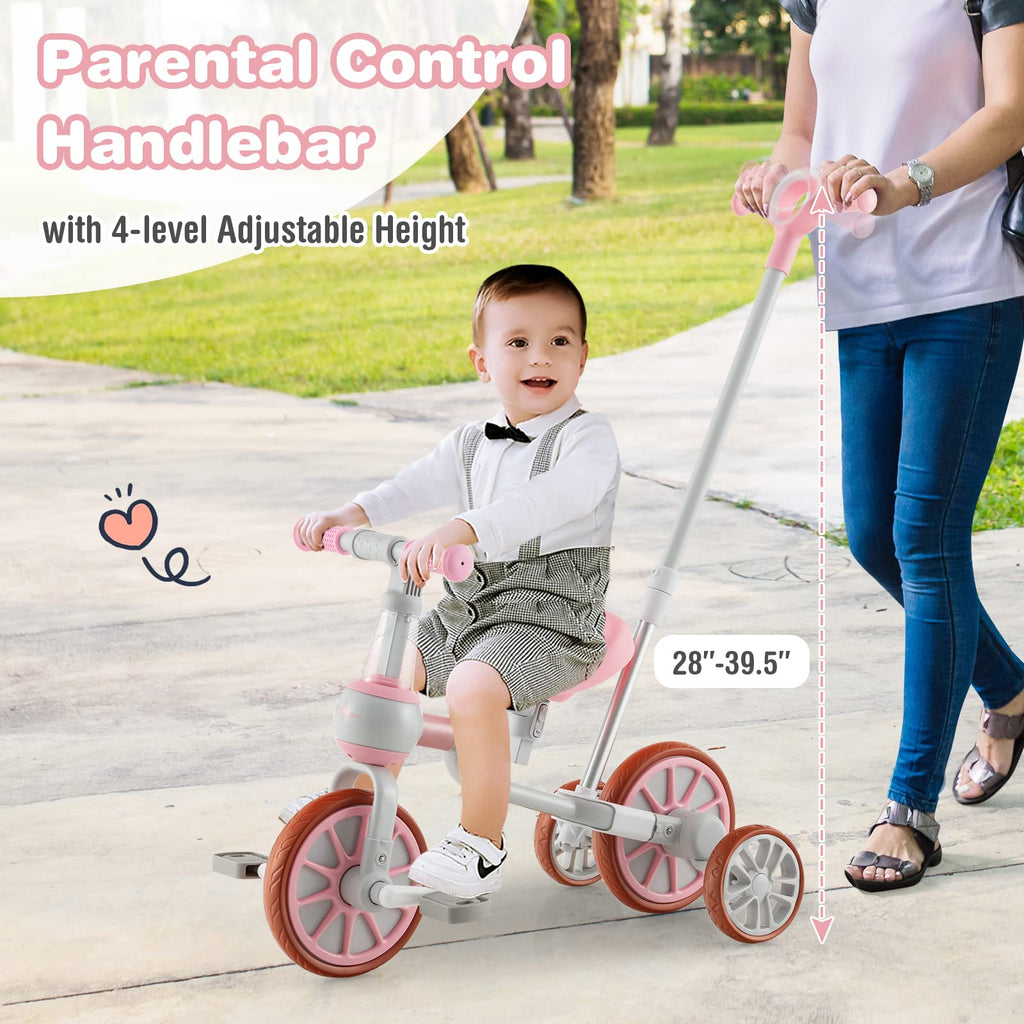 4 in 1 Tricycle with Adjustable Seat & Push Handle, Removable Pedals & Training Wheels, Pink S897731