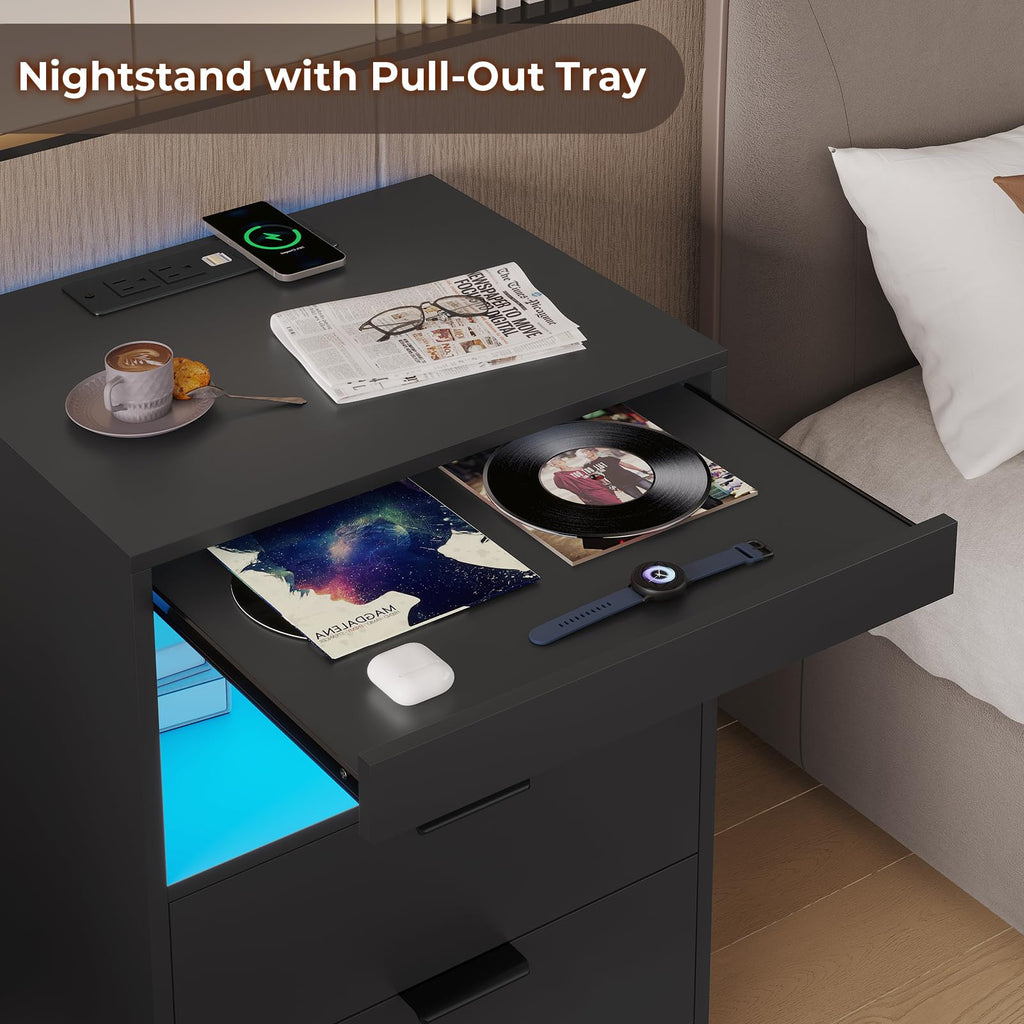 Black LED Nightstand with Wireless Charging Station and 2 Drawers W401017