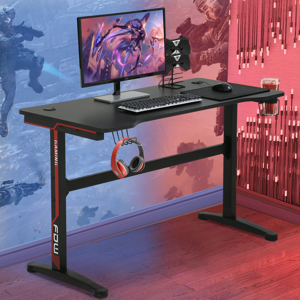 47 Inch T-Shaped Gaming Desk with Headphone Hook and Cup Holder Z792017