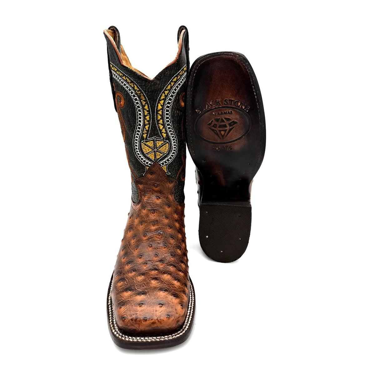 Leather Ostrich Quill Print Square Toe Western Cowboy Boot M211736