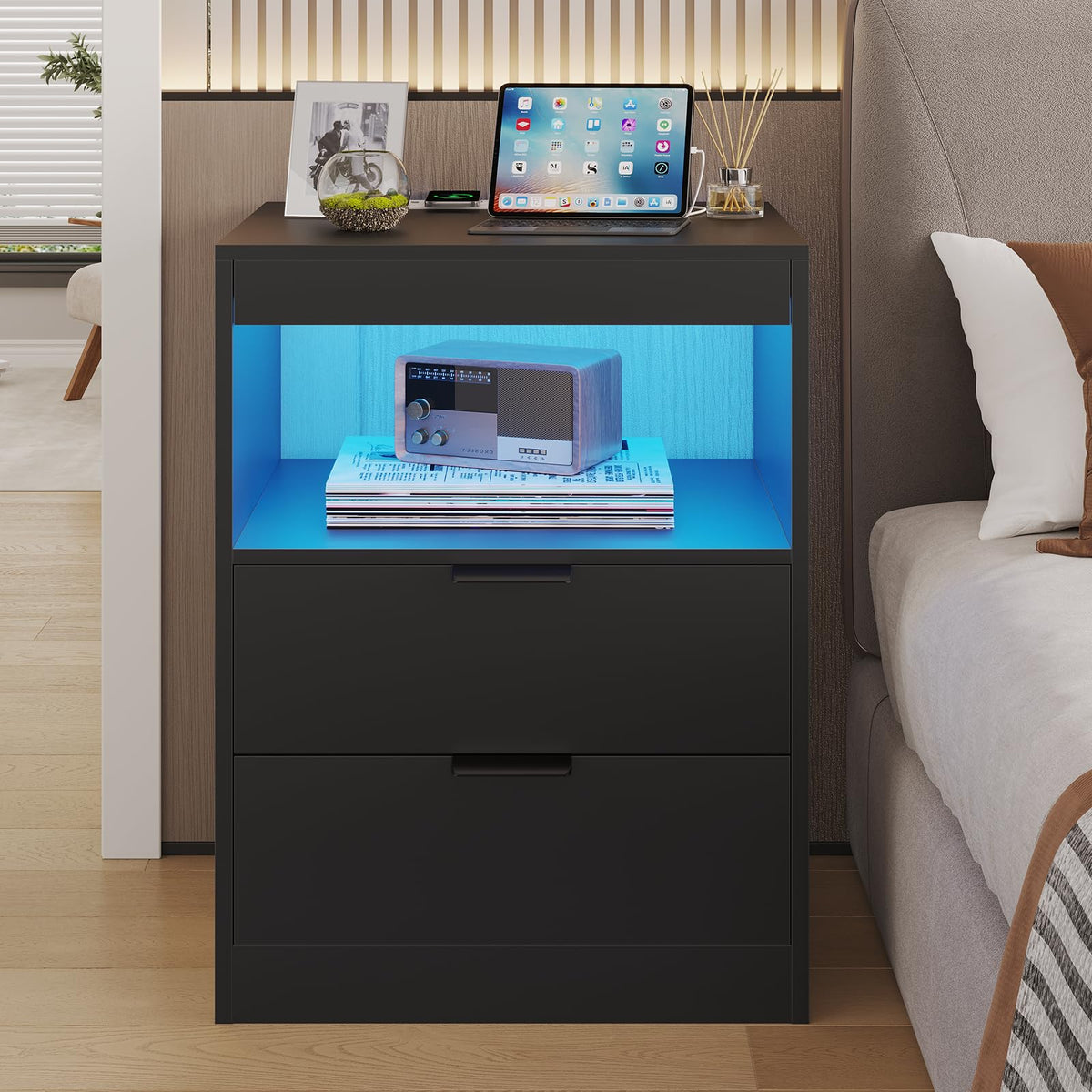 Black LED Nightstand with Wireless Charging Station and 2 Drawers W401017