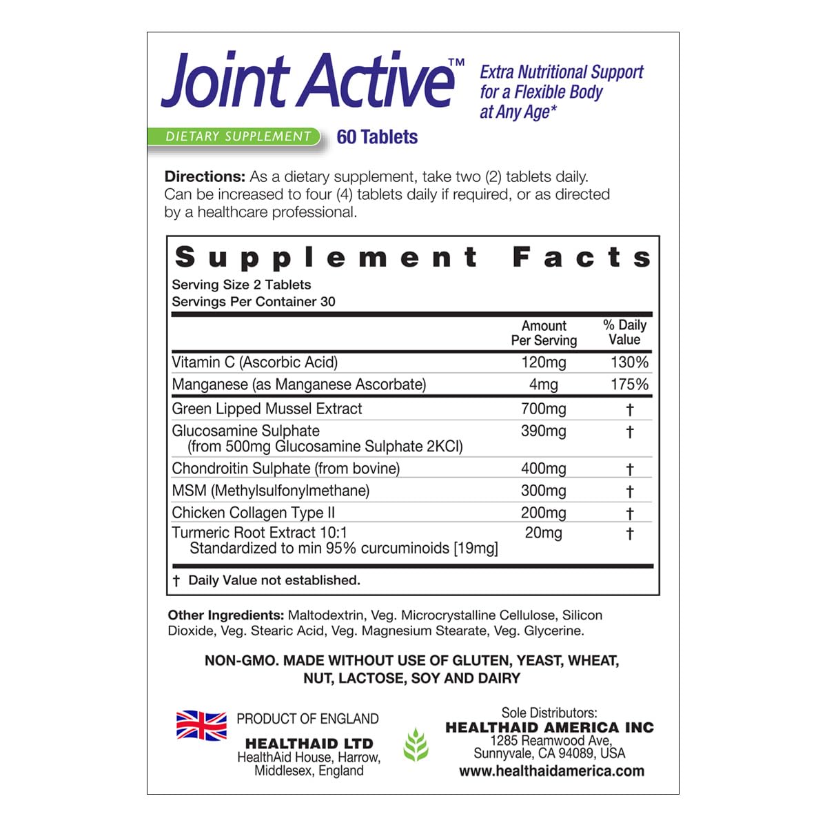 60 Tablets Joint Support with Green-Lipped Mussel Extract, Glucosamine, Chondroitin, Turmeric, MSM and Collagen H97647
