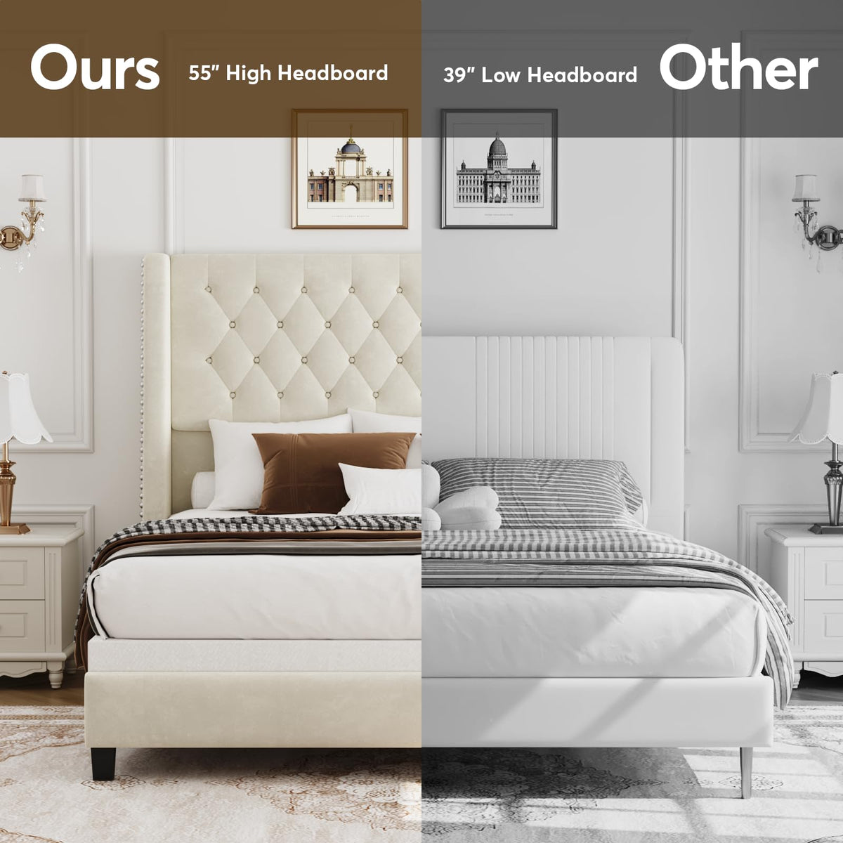 Queen Upholstered Bed Frame with Wingback T7327