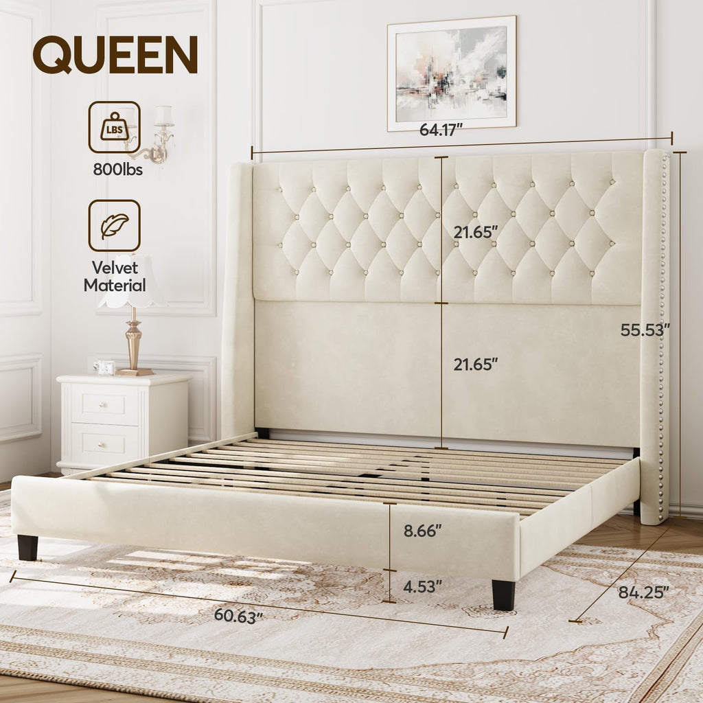 Queen Upholstered Bed Frame with Wingback T7327