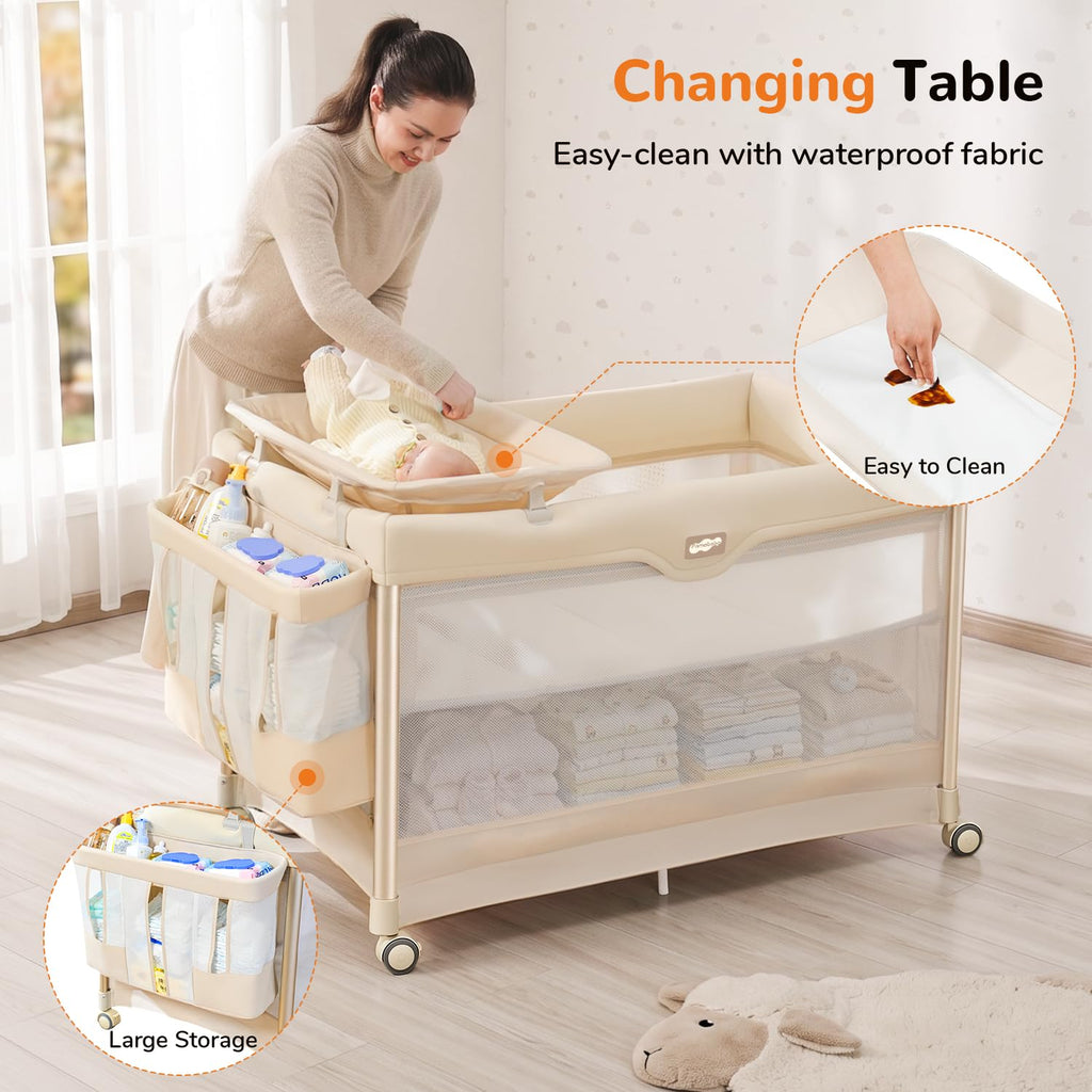 6-in-1 Pack and Play with Bassinet, Portable Playard, Travel Crib with Mattress, Changing Table, Storage Bag & 4 Wheels (Beige) M50964