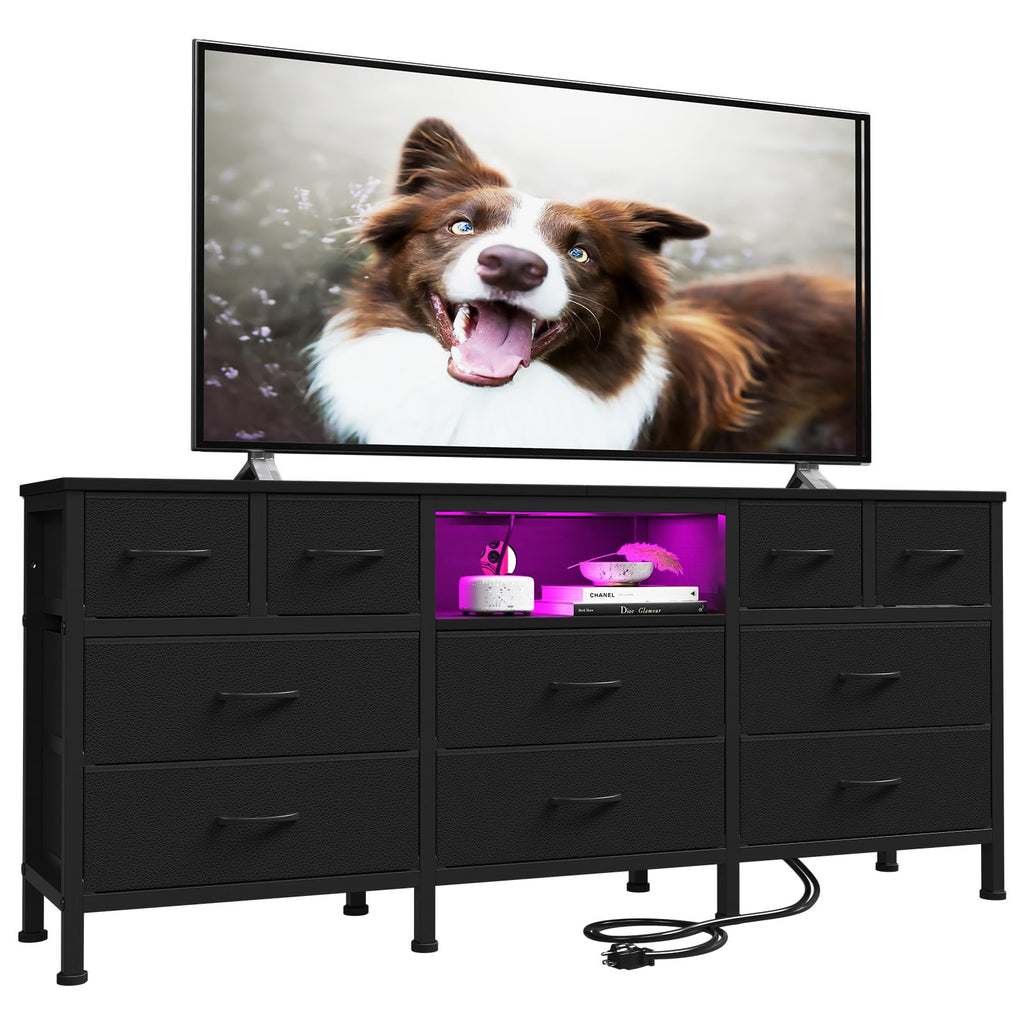 Black Dresser with LED Lights and Power Outlets, 10 Drawers Dresser V943050