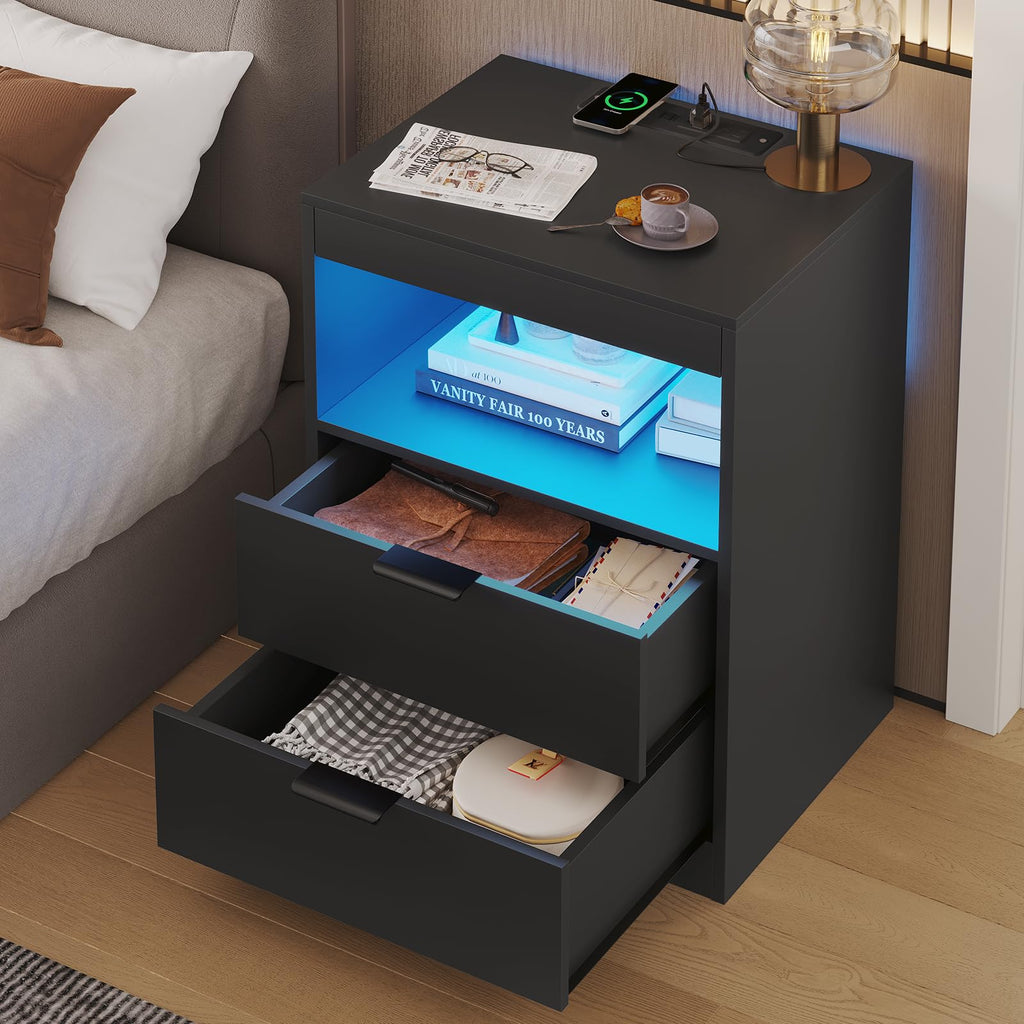 Black LED Nightstand with Wireless Charging Station and 2 Drawers W401017