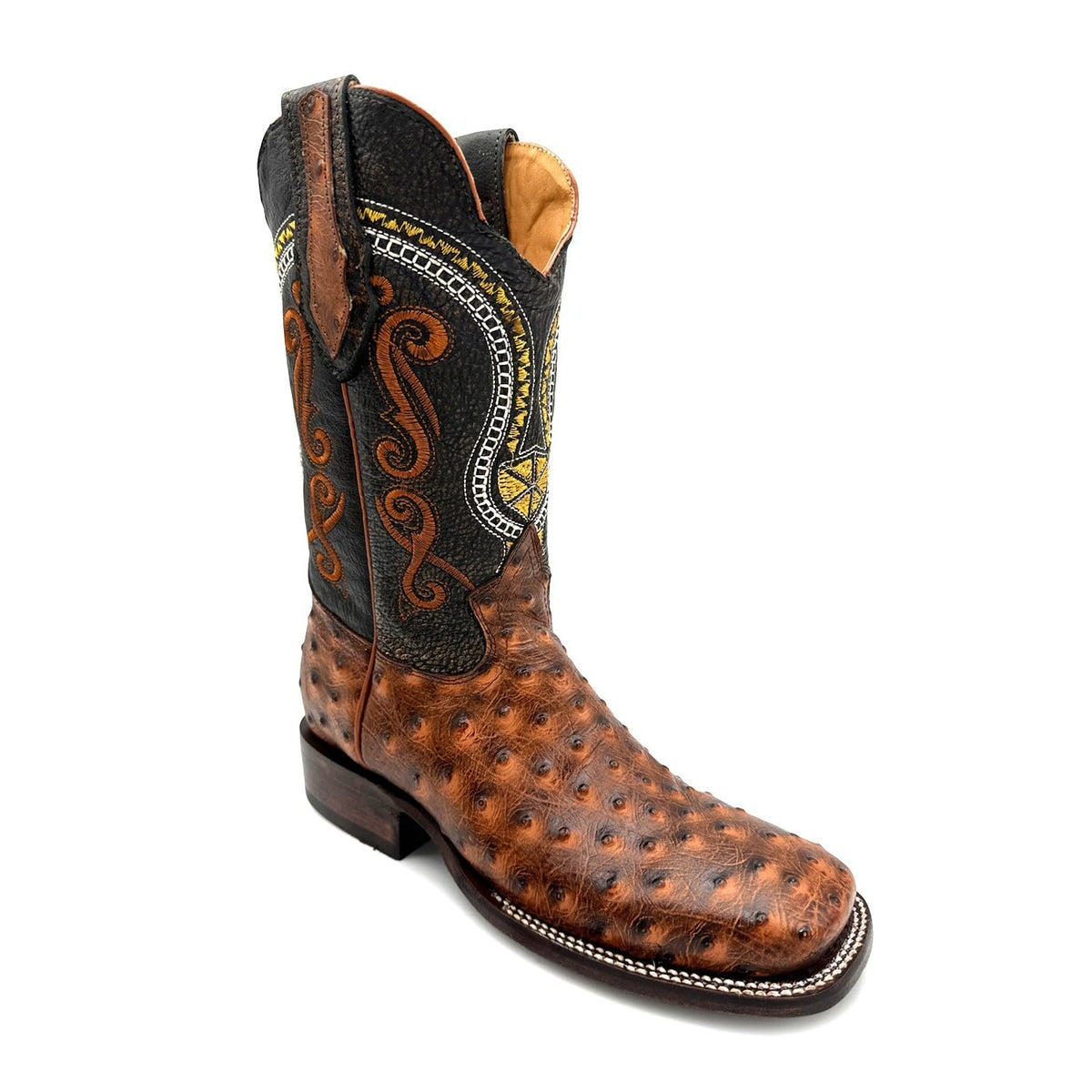 Leather Ostrich Quill Print Square Toe Western Cowboy Boot M211736