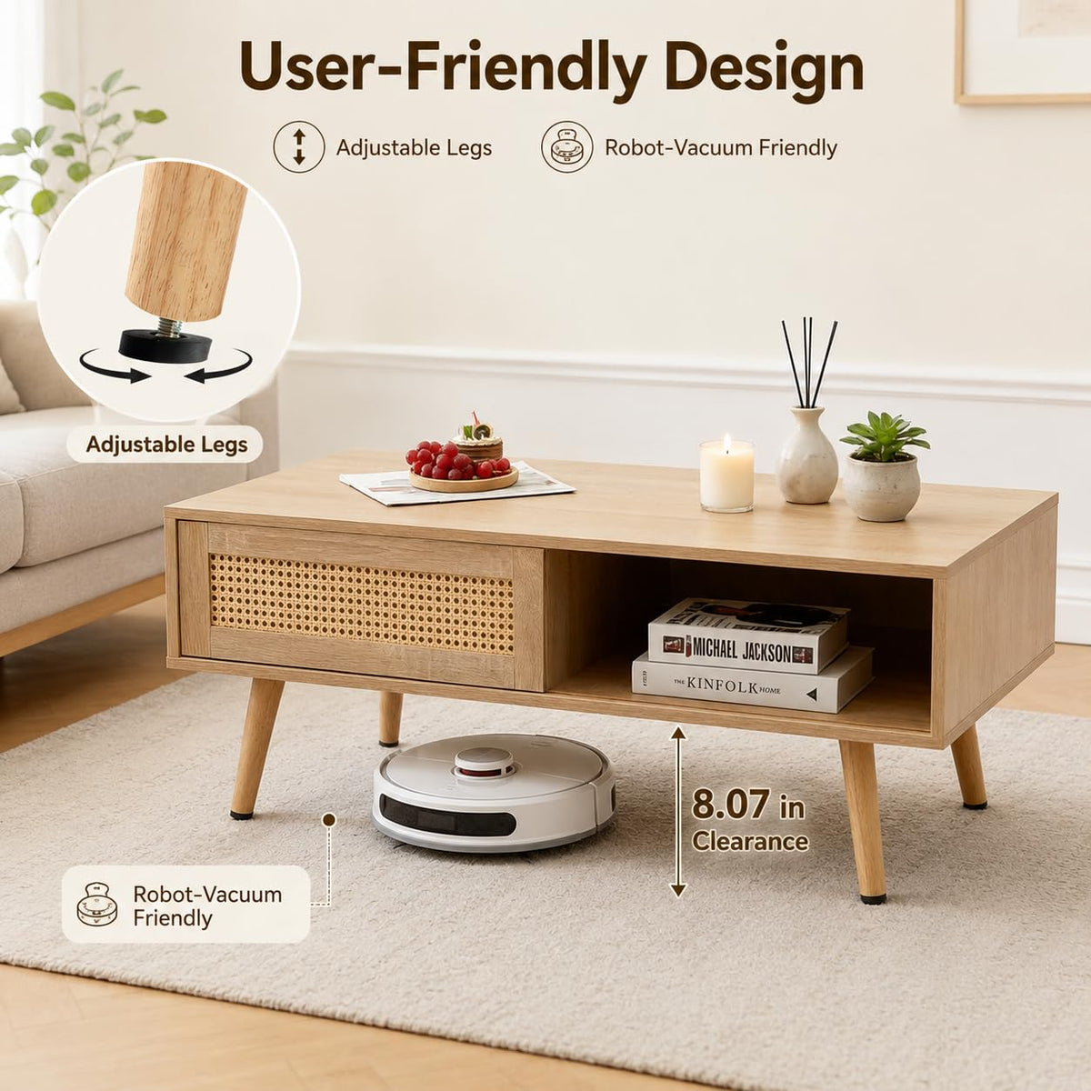 Rattan Coffee Table with Sliding Door Storage Y1932