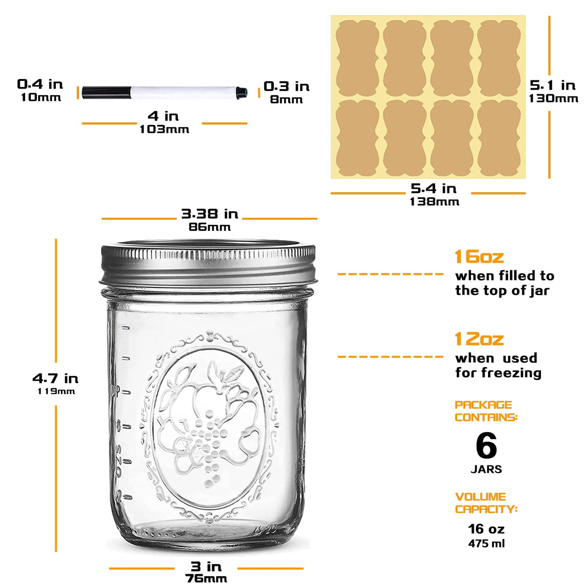 16 oz 6 Pack Wide Mouth Glass Mason Jars with Airtight Lids J416766