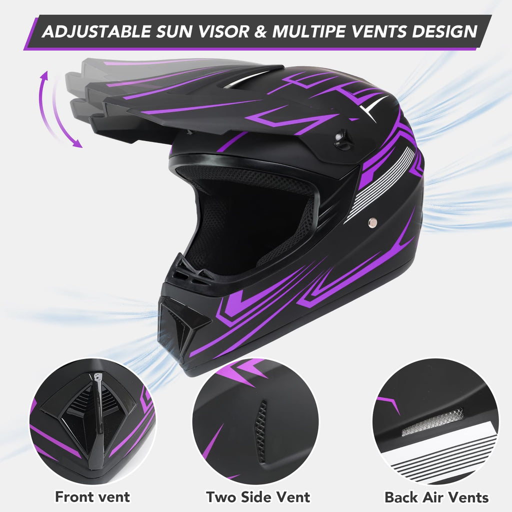 Kids Full Face Motocross Helmet 4-Pcs Set DOT Approved Purple X-Large W563207