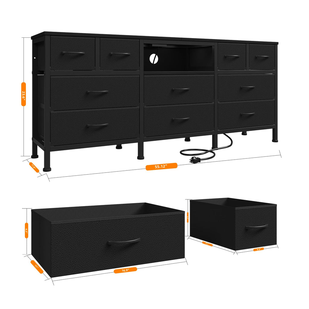 Black Dresser with LED Lights and Power Outlets, 10 Drawers Dresser V943050
