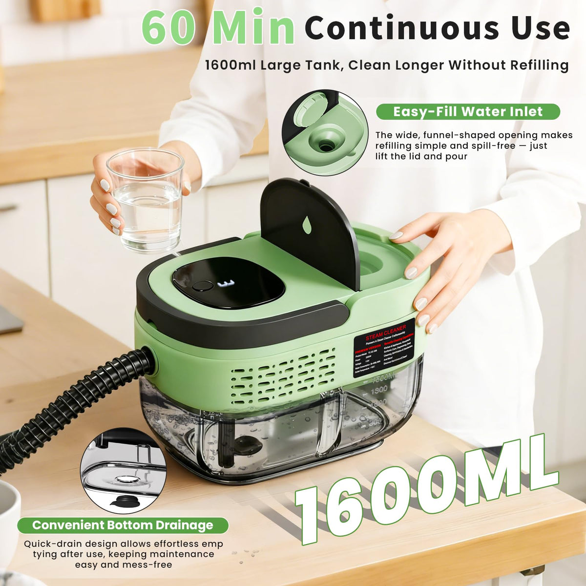 2500W Handheld Steam Cleaner, 3 Steam Levels, 1600Ml Tank Q798