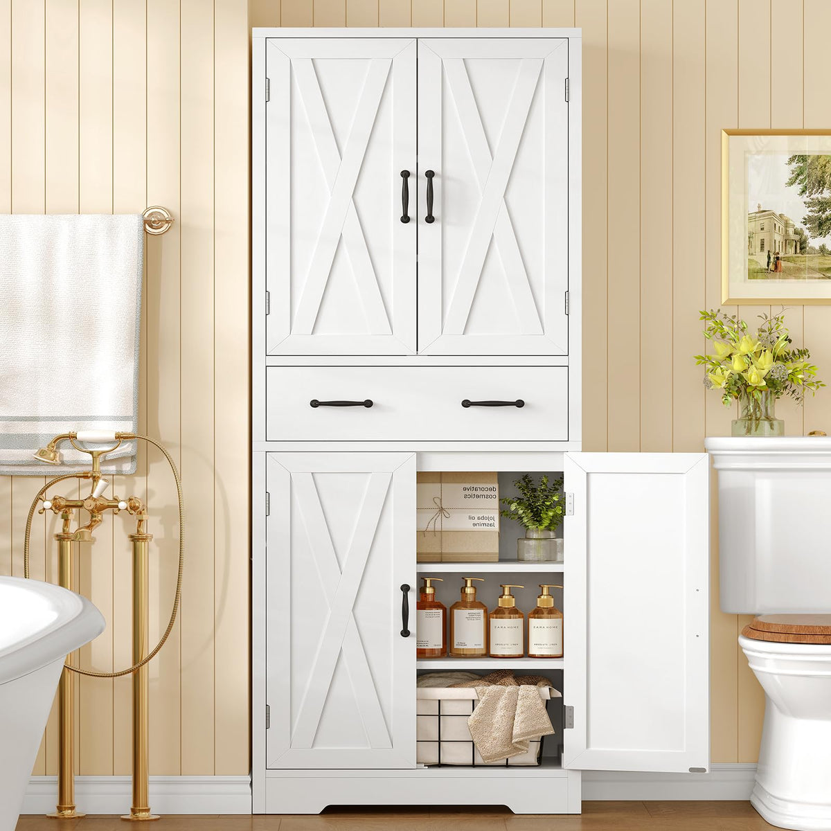 White Storage Cabinet with 2 Adjustable Shelves and Drawer U18239