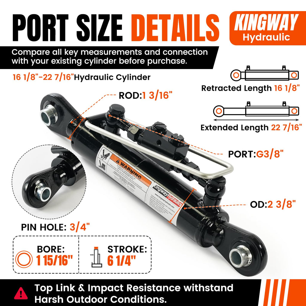 Hydraulic Top Link Cylinder Cat 1-1, 16 1/8-22 7/16", 6 1/4" Stroke D986