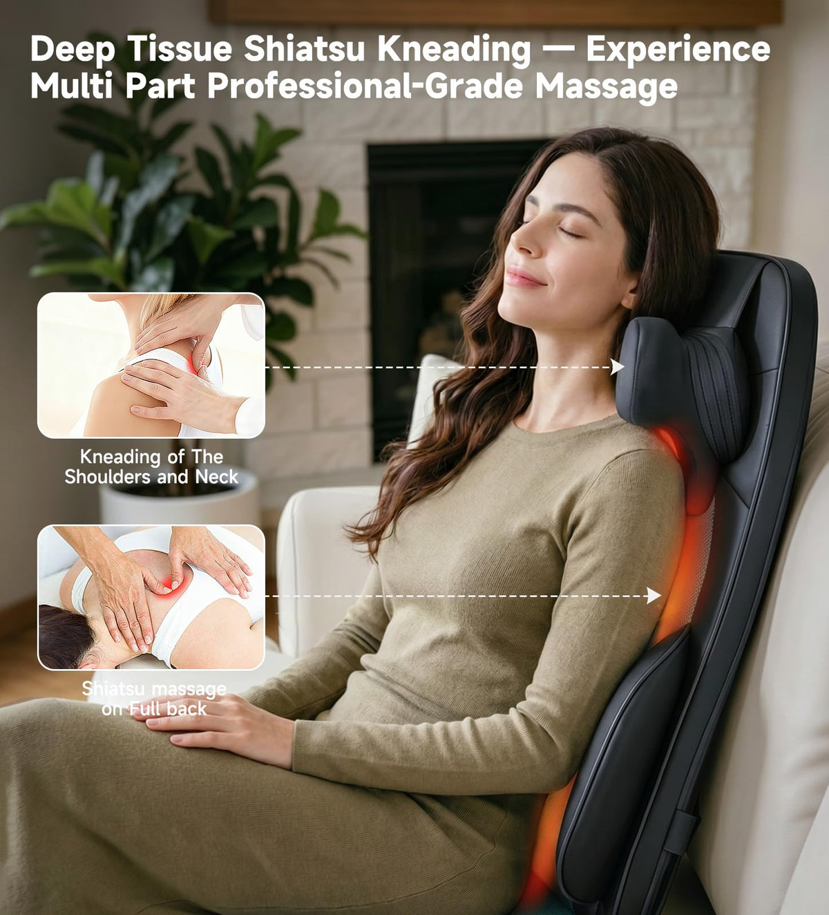 Black Shiatsu Back Massager Chair Pad with 4-Zone Heat M207977