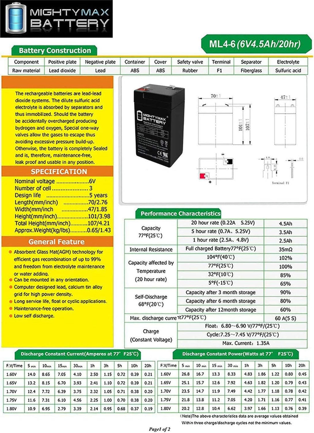 6V 4.5AH Replacement Battery 2 Pack U624393