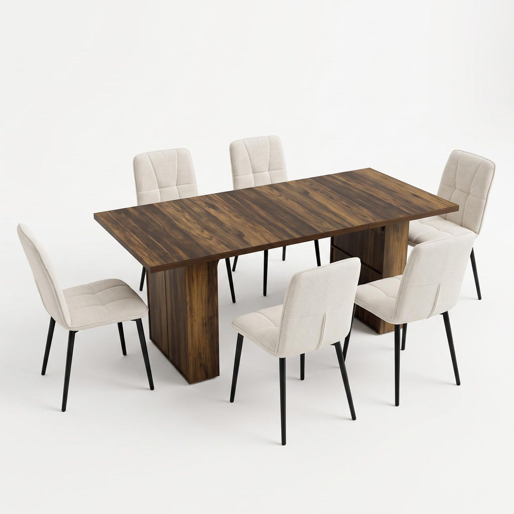 7 Piece Dining Table Set with 6 Beige Knit Fabric Chairs R97248