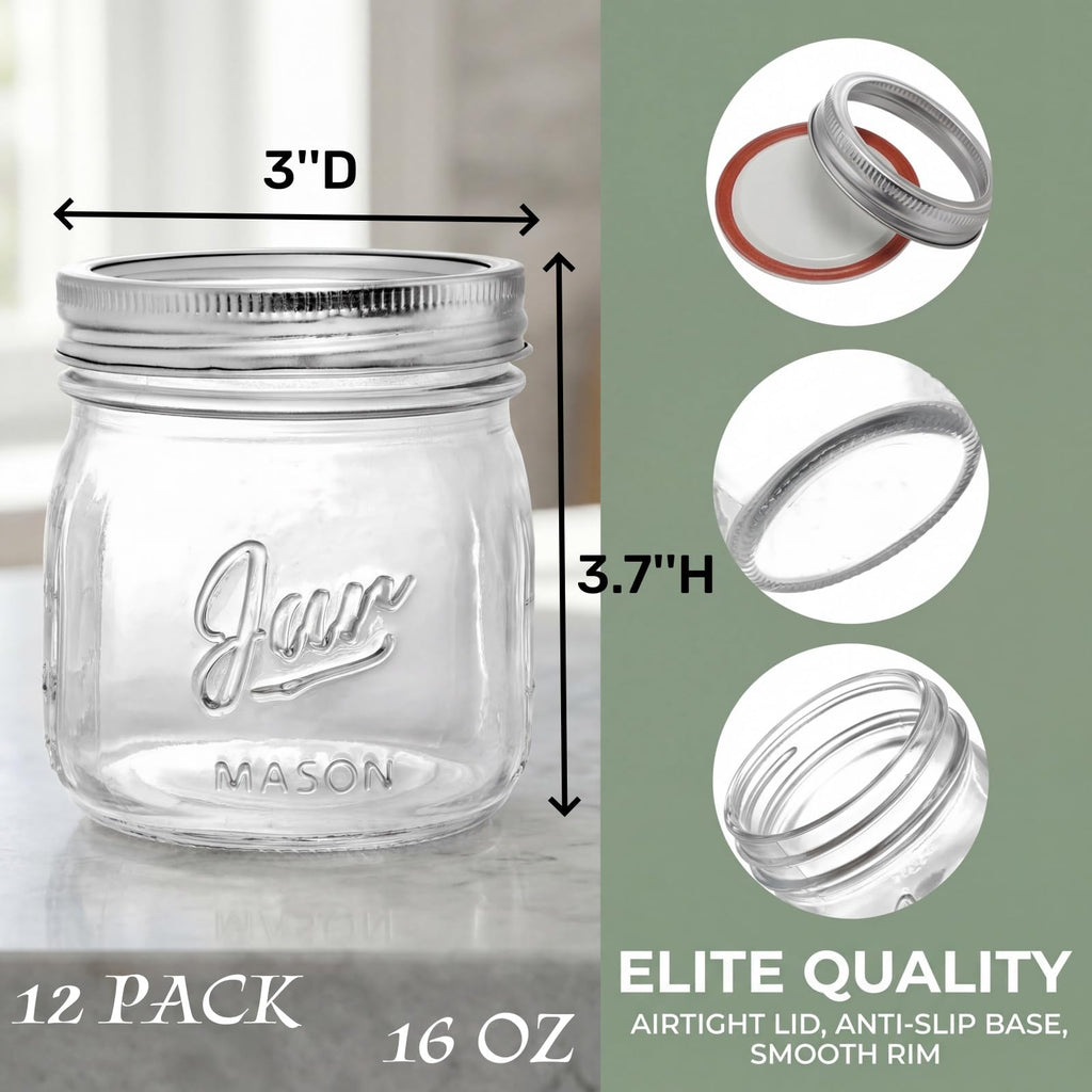 12 Pack 16 Oz Wide Mouth Glass Mason Jars K757521