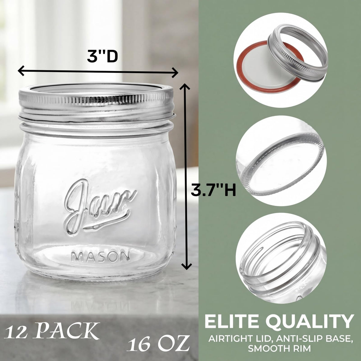 12 Pack 16 Oz Wide Mouth Glass Mason Jars K757521
