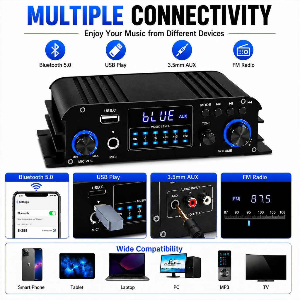 4 Channel Bluetooth Stereo Amplifier 50Wx4 Class D HiFi Power Amp X902752