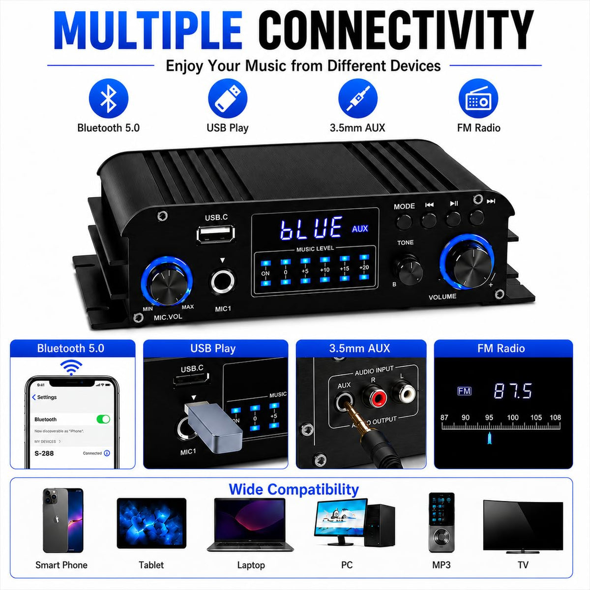 4 Channel Bluetooth Stereo Amplifier 50Wx4 Class D HiFi Power Amp X902752