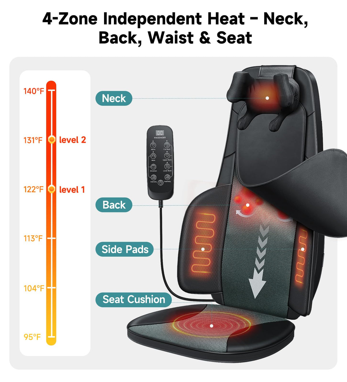 Black Shiatsu Back Massager Chair Pad with 4-Zone Heat M207977