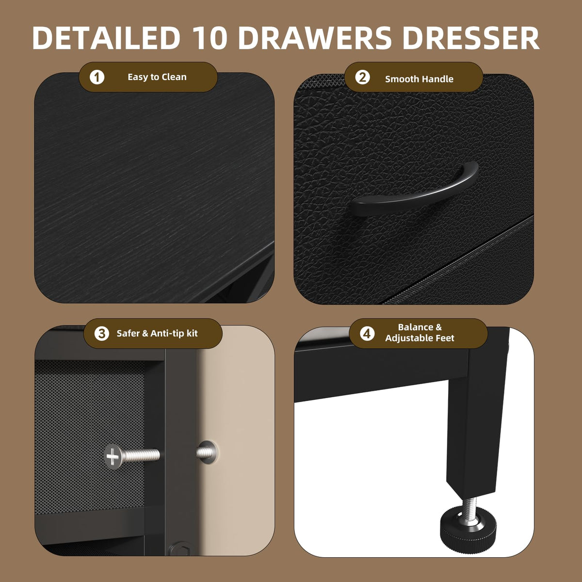 Black Dresser with LED Lights and Power Outlets, 10 Drawers Dresser V943050