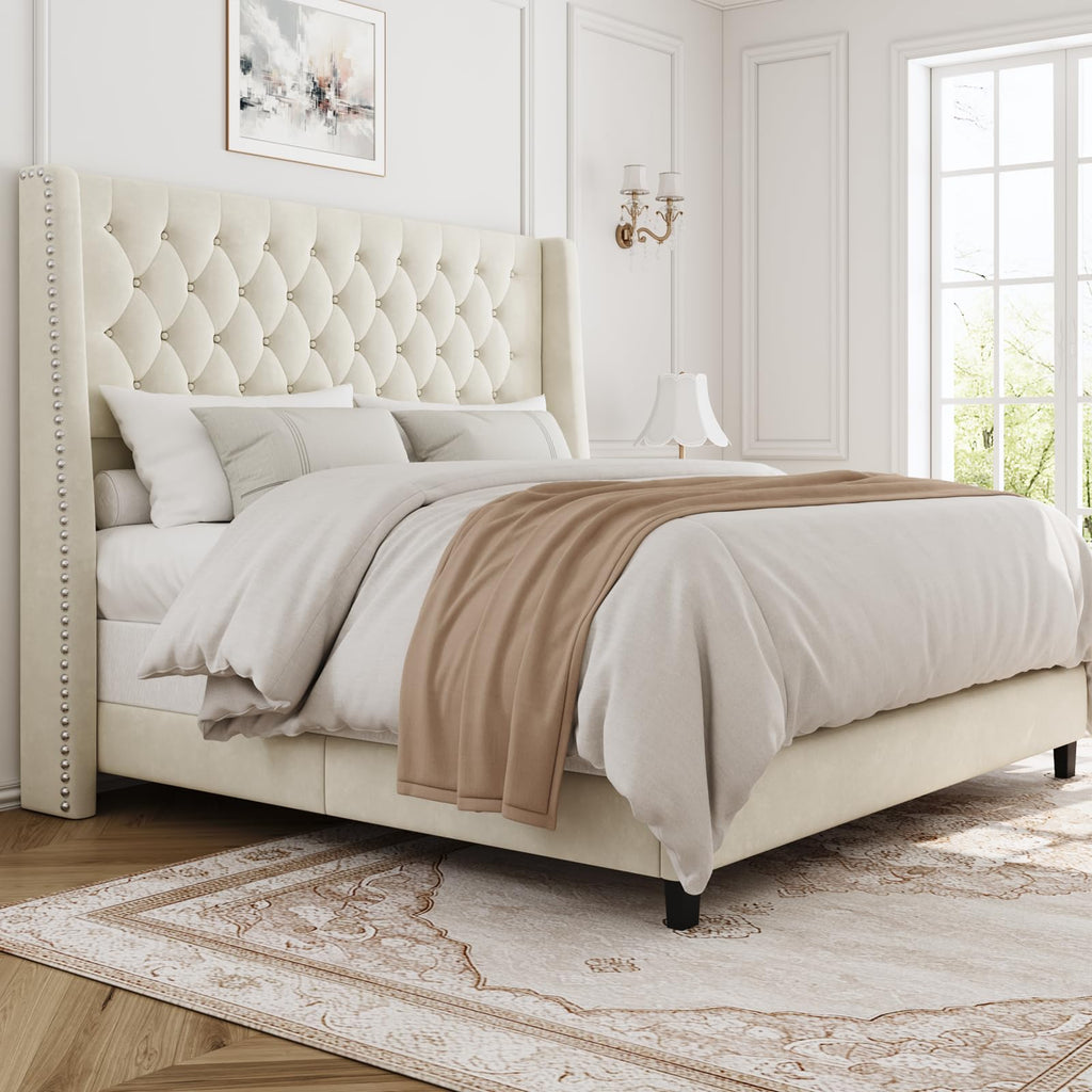 Queen Upholstered Bed Frame with Wingback T7327