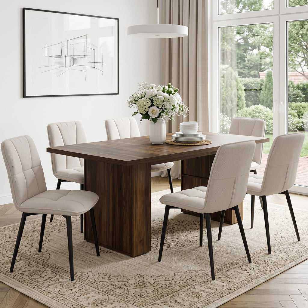 7 Piece Dining Table Set with 6 Beige Knit Fabric Chairs R97248