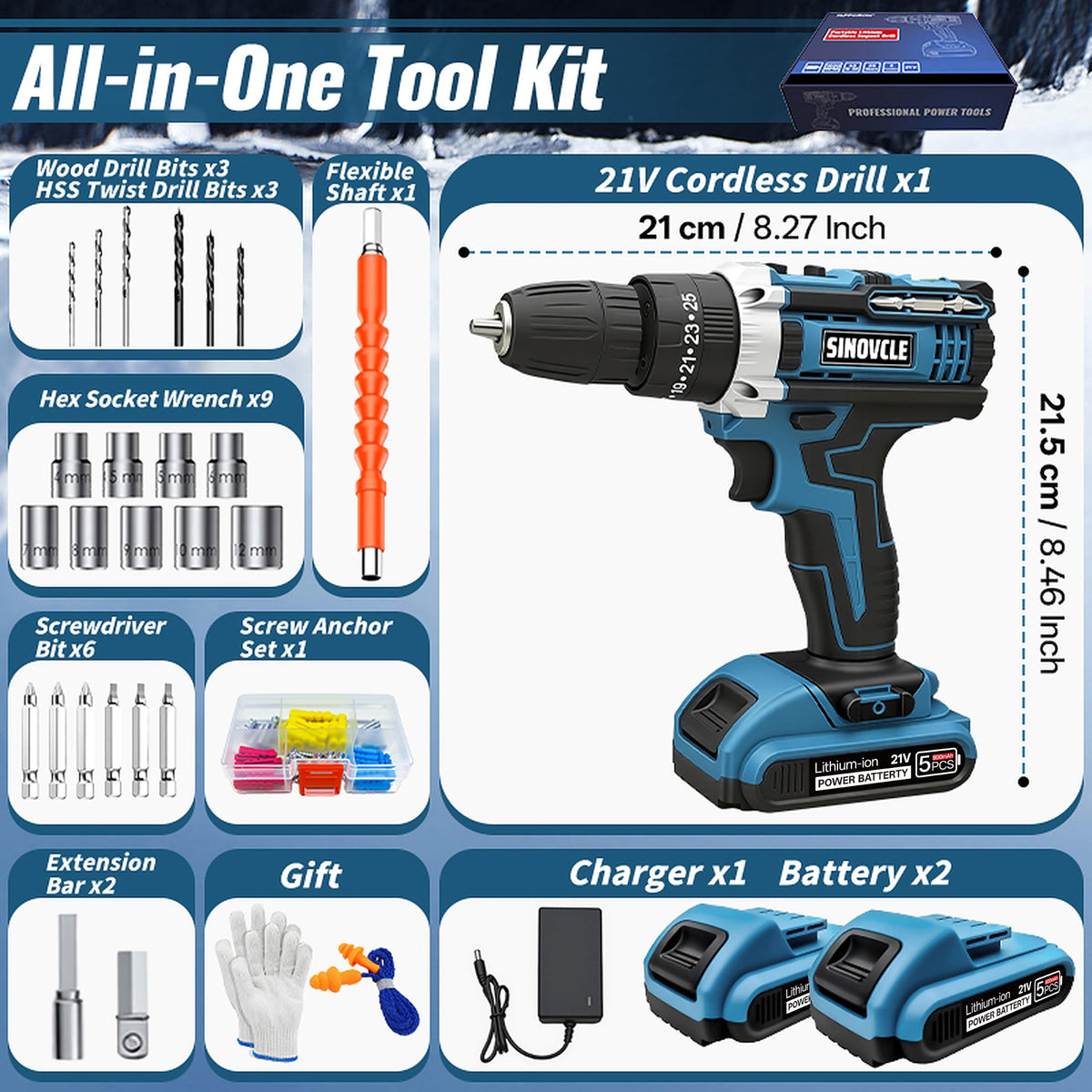 21V Cordless Drill, 2 Batteries, 50Nm Torque, 30-Piece Kit S168