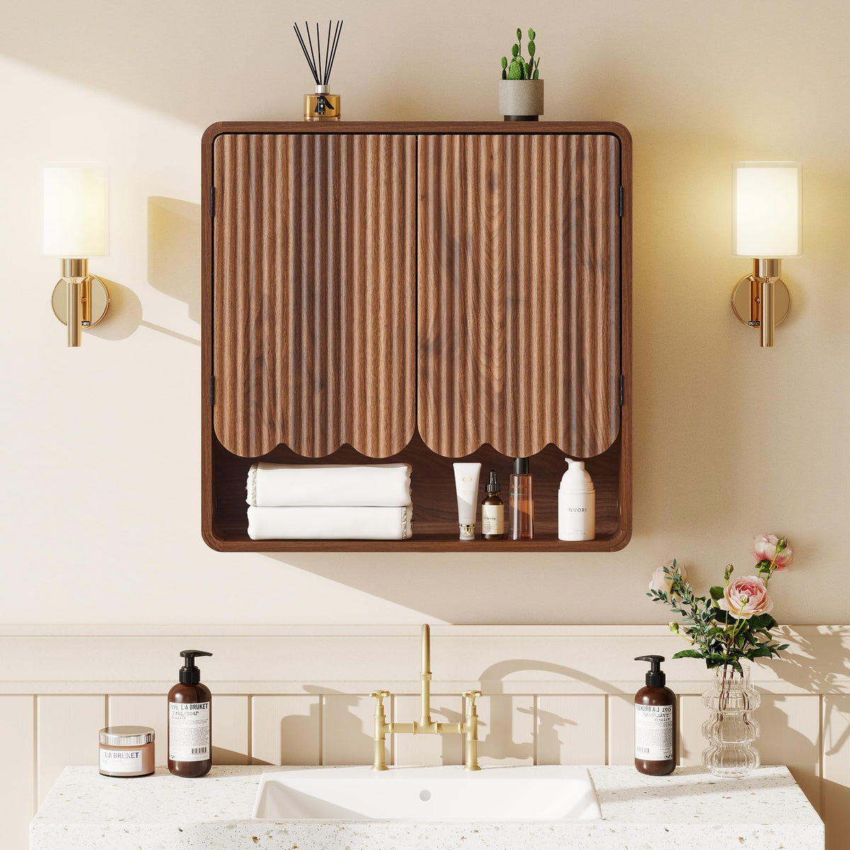 Walnut Fluted Bathroom Wall Cabinet D802313