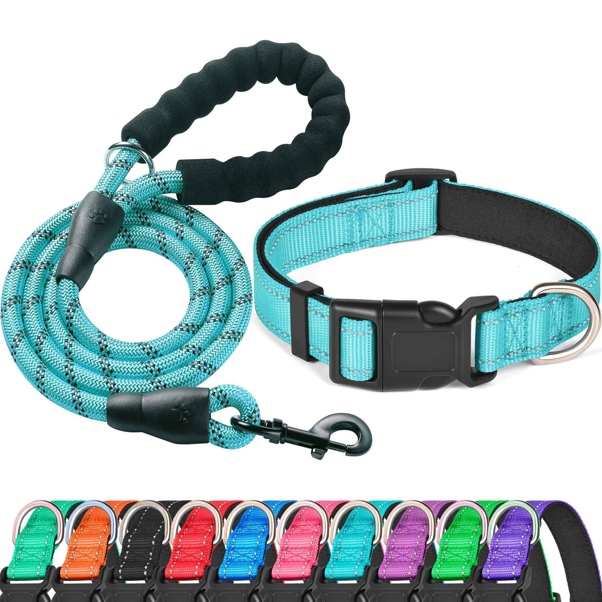Reflective Padded Dog Collar with Neoprene, Medium, Turquoise O1556
