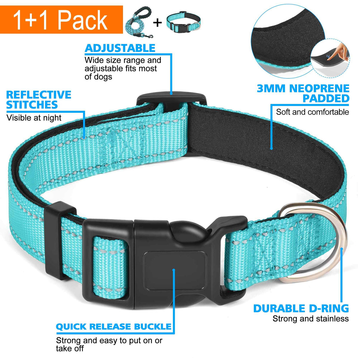 Reflective Padded Dog Collar with Neoprene, Medium, Turquoise O1556
