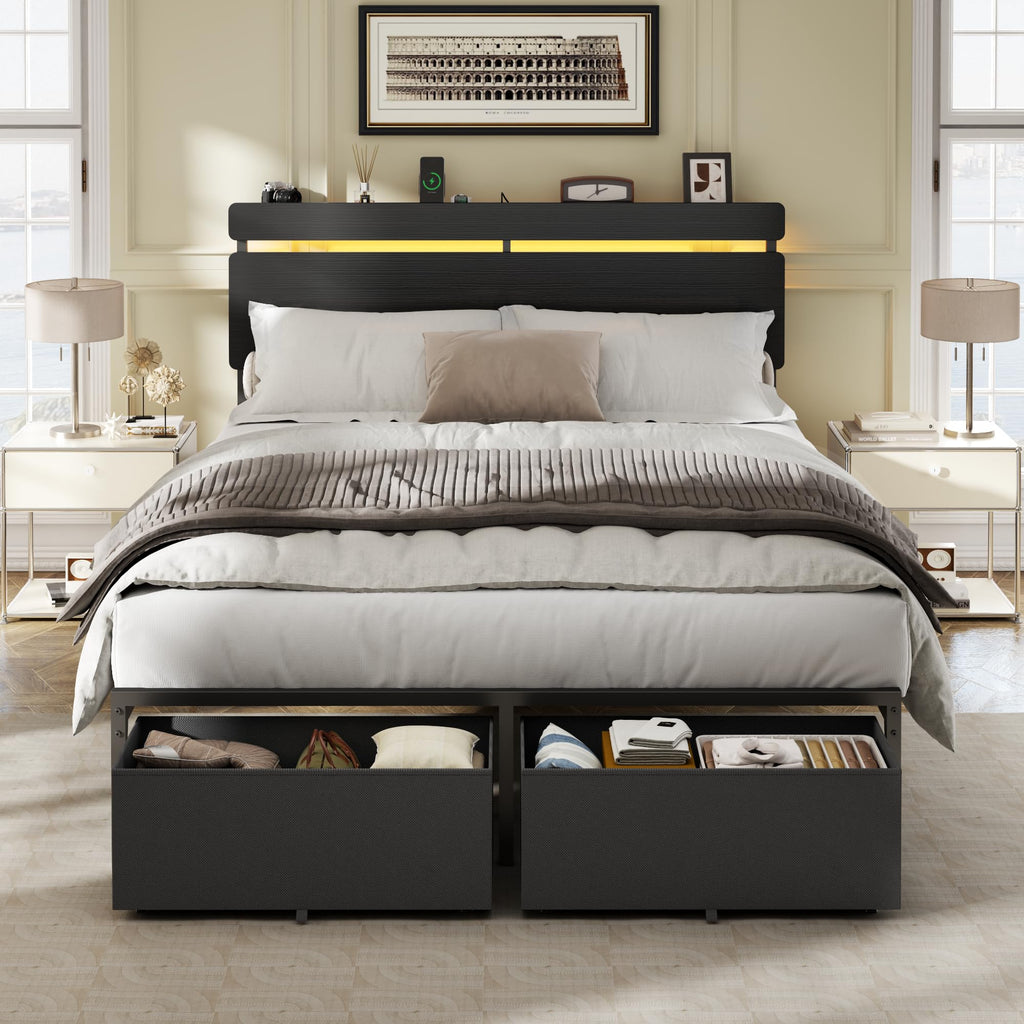 Full Size Bed Frame with Wood Headboard and Storage Drawers Q20467