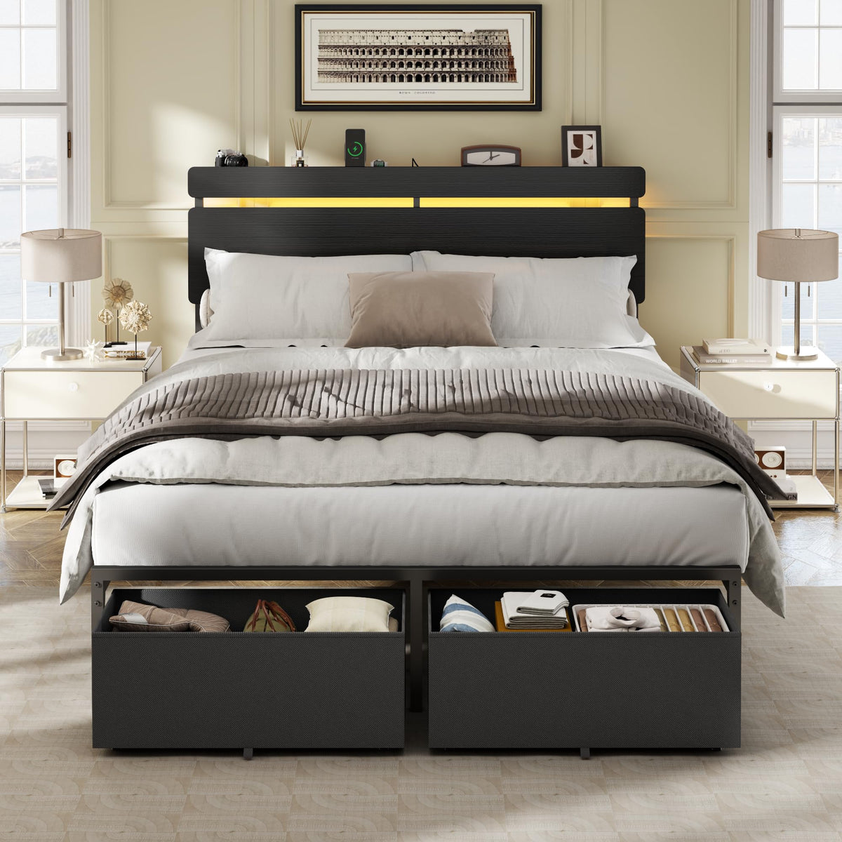 Full Size Bed Frame with Wood Headboard and Storage Drawers Q20467