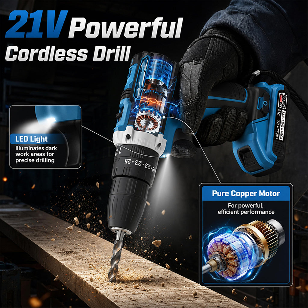 21V Cordless Drill, 2 Batteries, 50Nm Torque, 30-Piece Kit S168