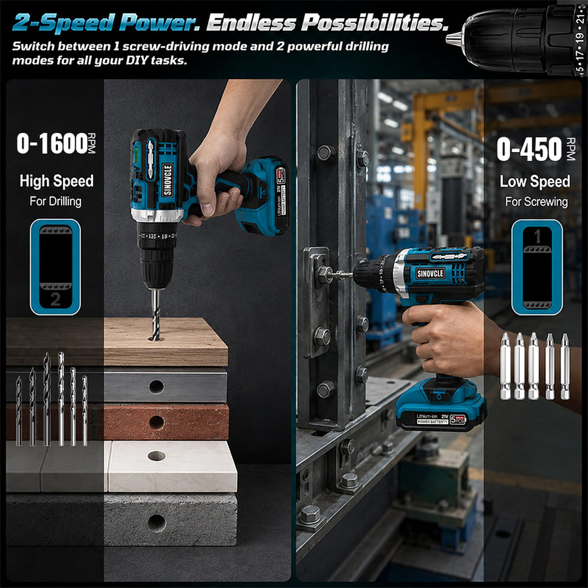 21V Cordless Drill, 2 Batteries, 50Nm Torque, 30-Piece Kit S168