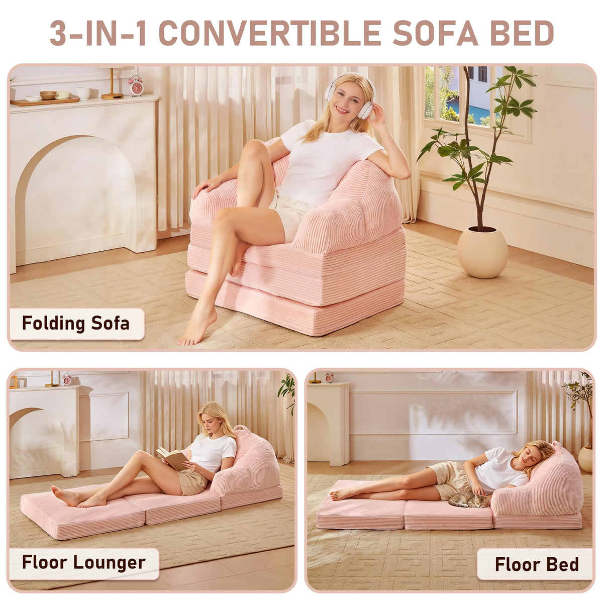 Pink 3-in-1 Convertible Folding Sofa Bed P9829