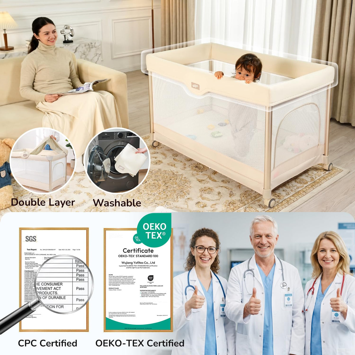 6-in-1 Pack and Play with Bassinet, Portable Playard, Travel Crib with Mattress, Changing Table, Storage Bag & 4 Wheels (Beige) M50964