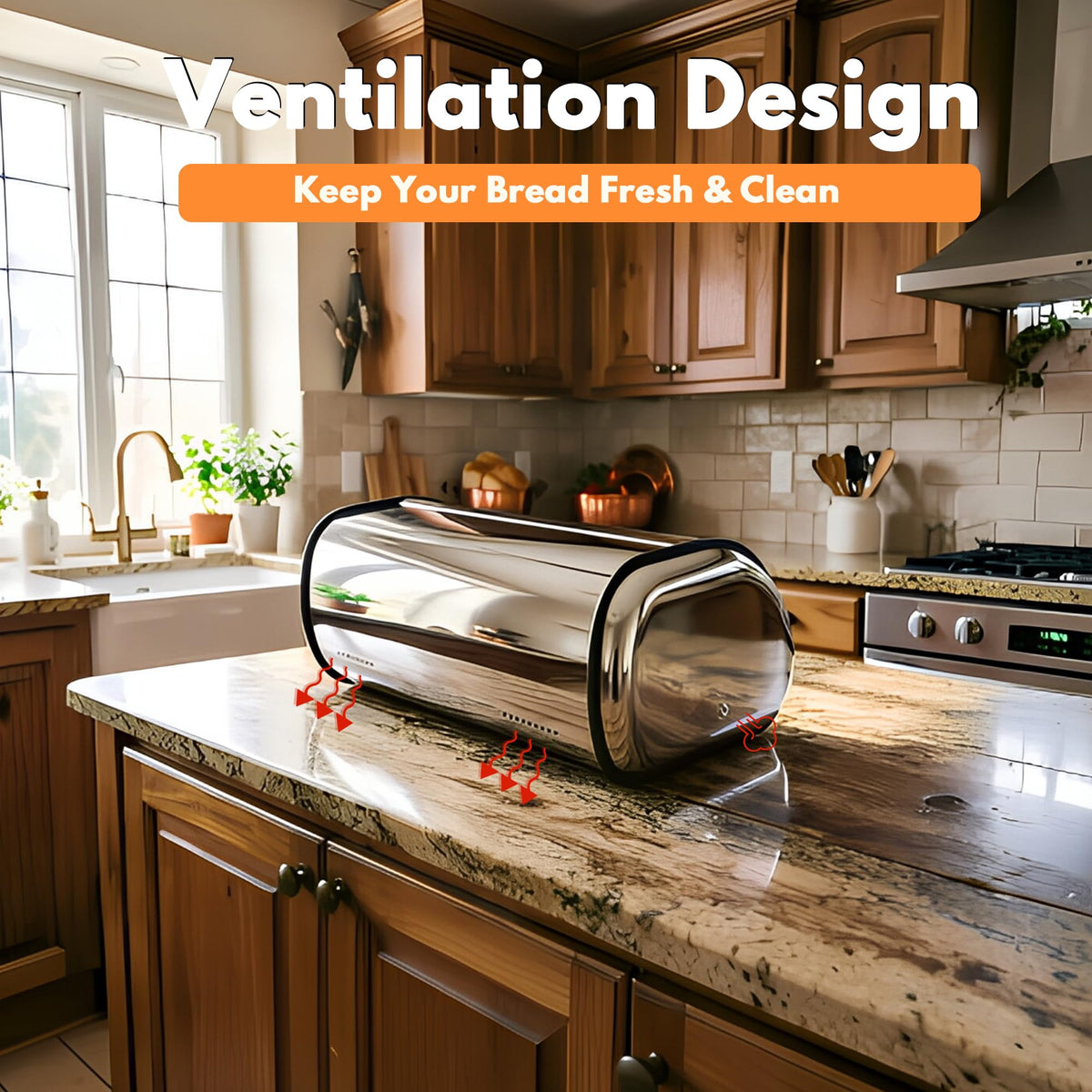 Large Stainless Steel Bread Box with Window & Air Vents I654554