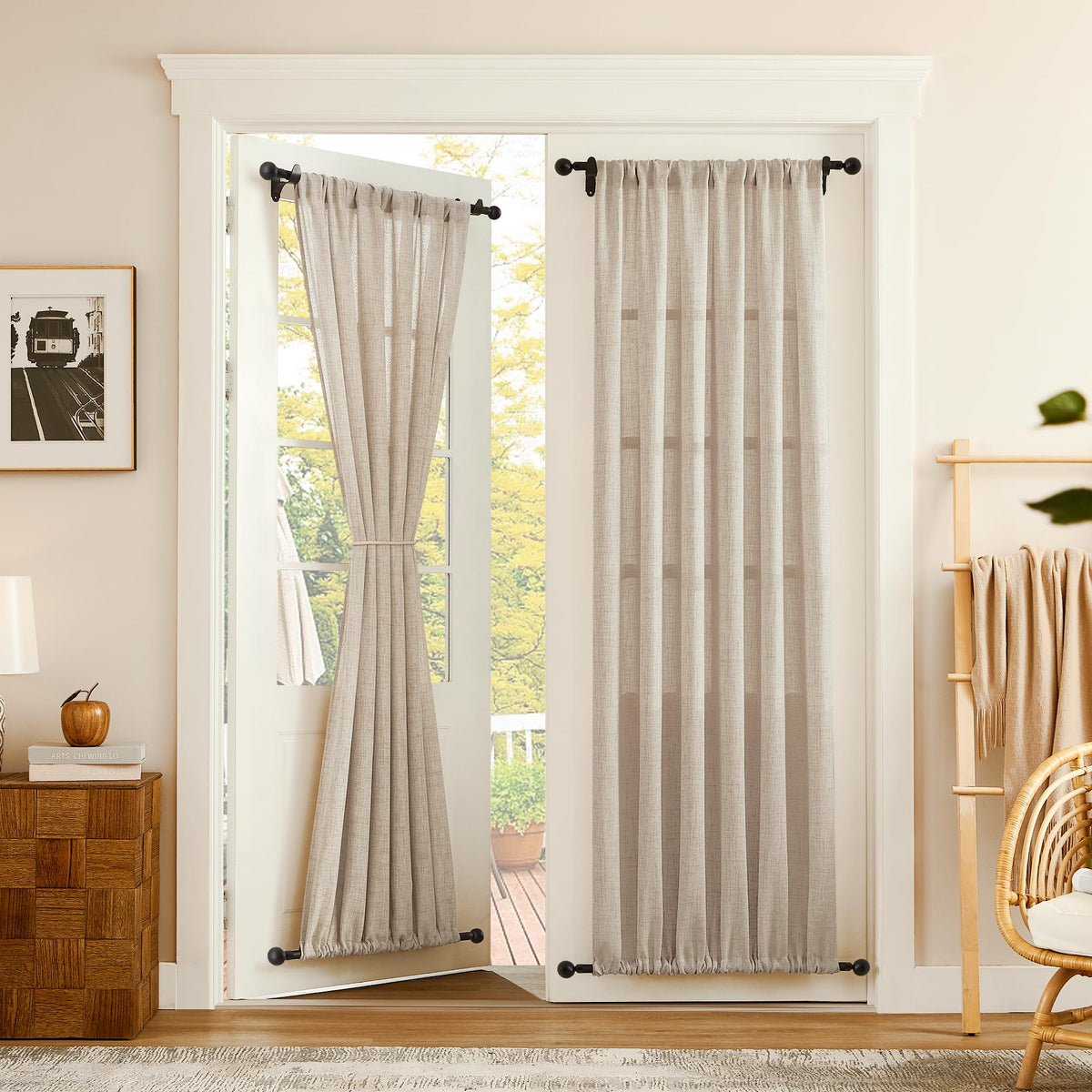 Linen Semi Sheer Door Curtain, 25 x 72 Inches, Natural, 1 Panel N9251