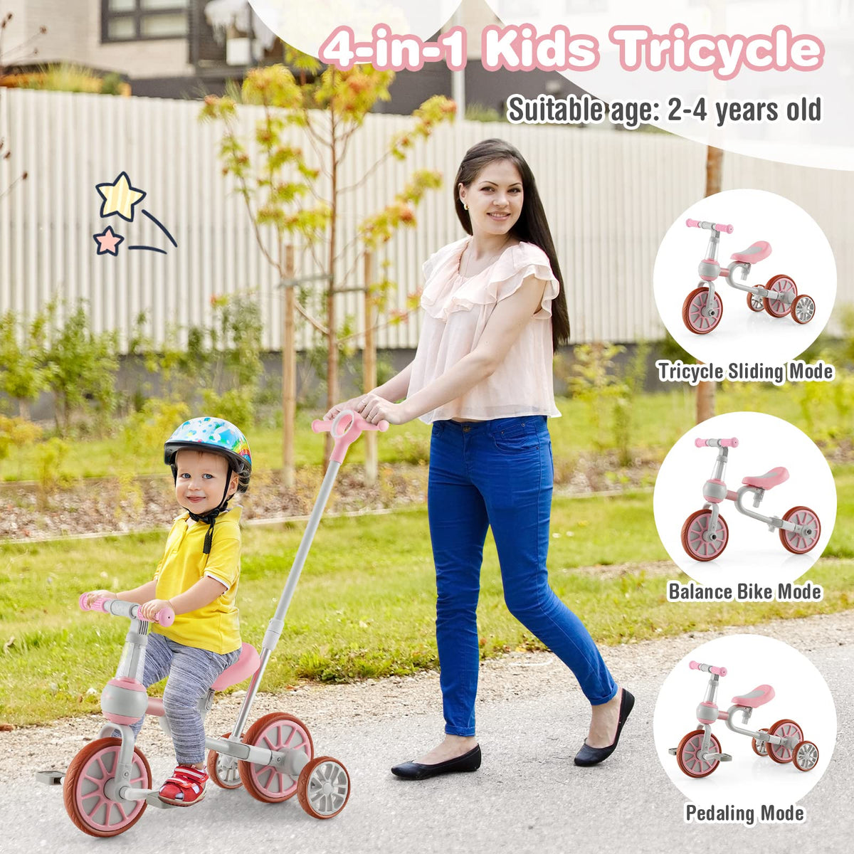 4 in 1 Tricycle with Adjustable Seat & Push Handle, Removable Pedals & Training Wheels, Pink S897731