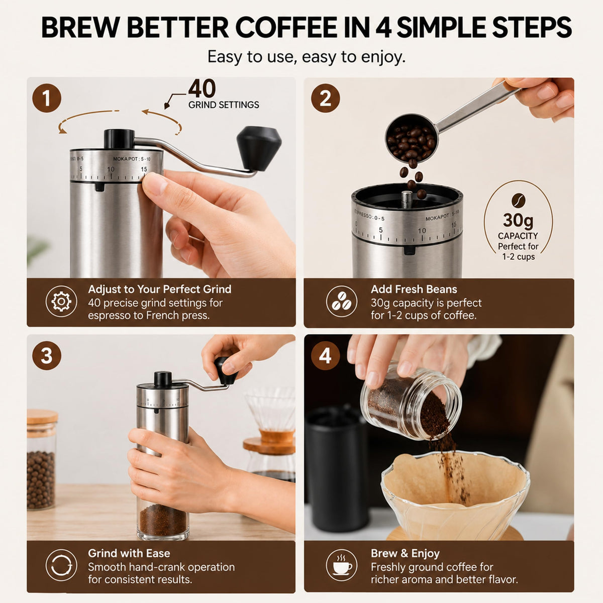 Manual Coffee Grinder with 40 Adjustable Settings, Ceramic Conical Burr, 30g Capacity V51636