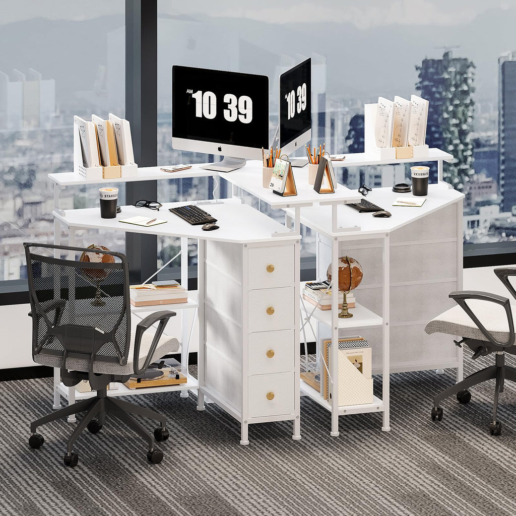 White Corner Desk with Drawers Shelves and Power Outlets A594244